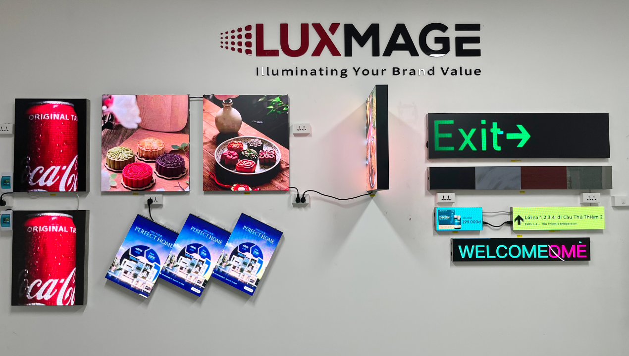 Mini LED sign placed on beverage shelf, displaying product clips.