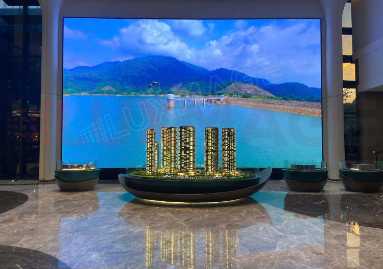 COB LED screen for information display in modern showroom.