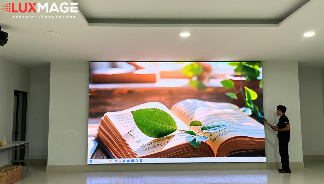 Panoramic view of District 7 International School hall after installing conference LED screen