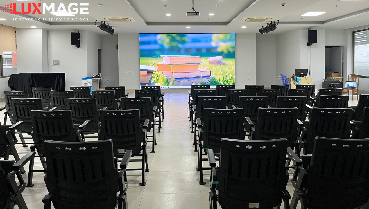 Panoramic view of District 7 International School hall after installing conference LED screen