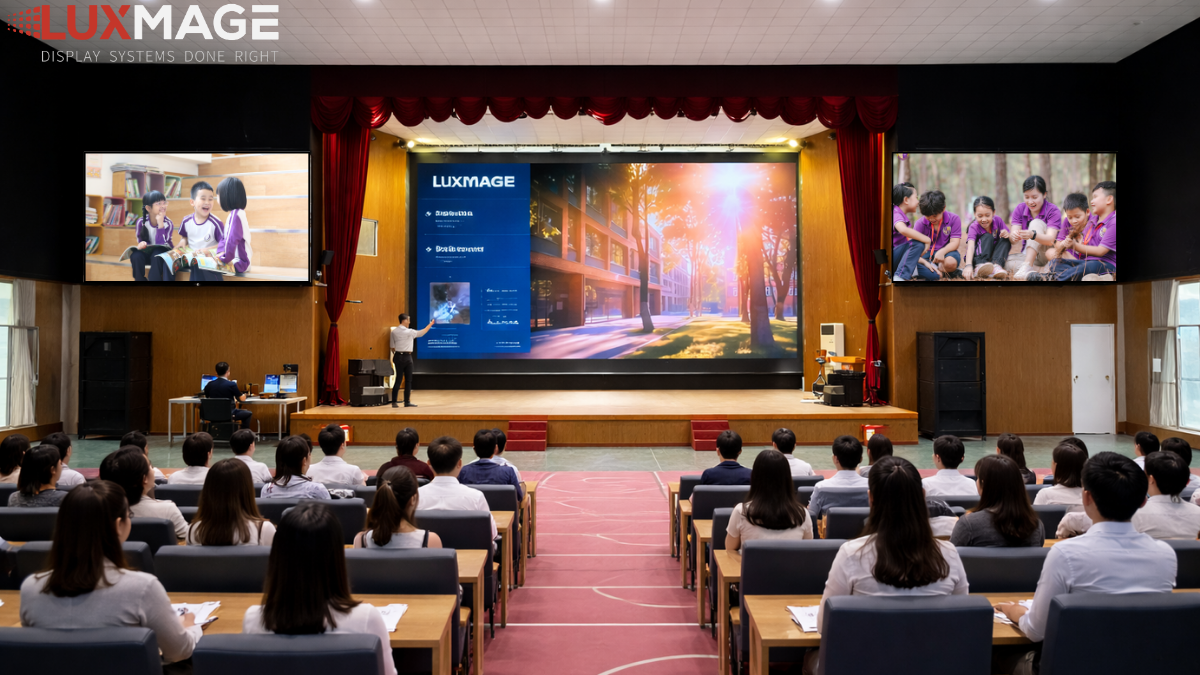 LED screens in auditoriums create a professional and modern atmosphere for educational events.