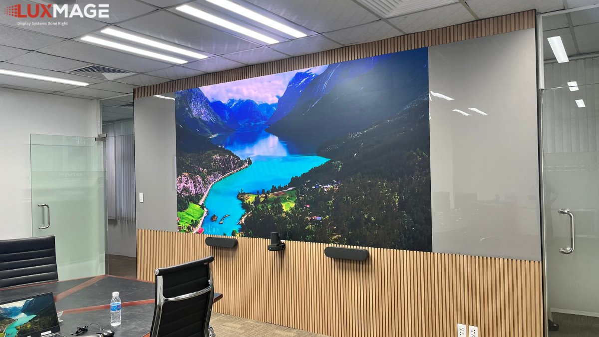 The meeting room space has been upgraded with a central LED screen system.