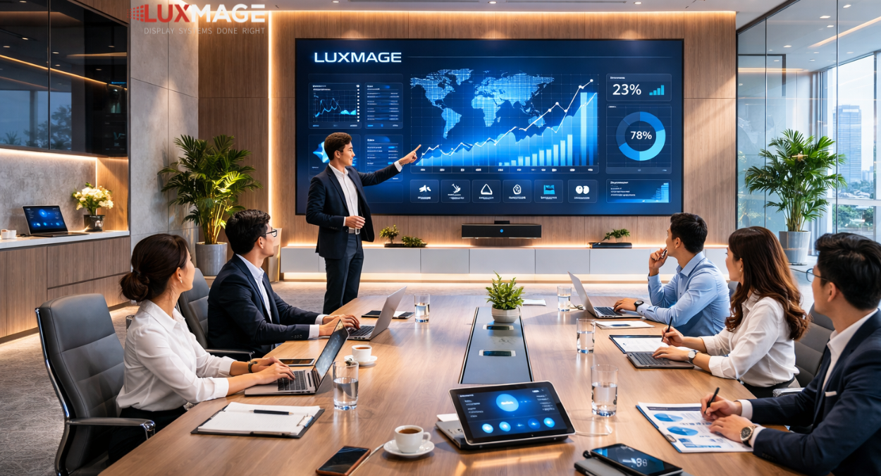 Control the LED conference room screen using an iPad with a one-touch digital system.