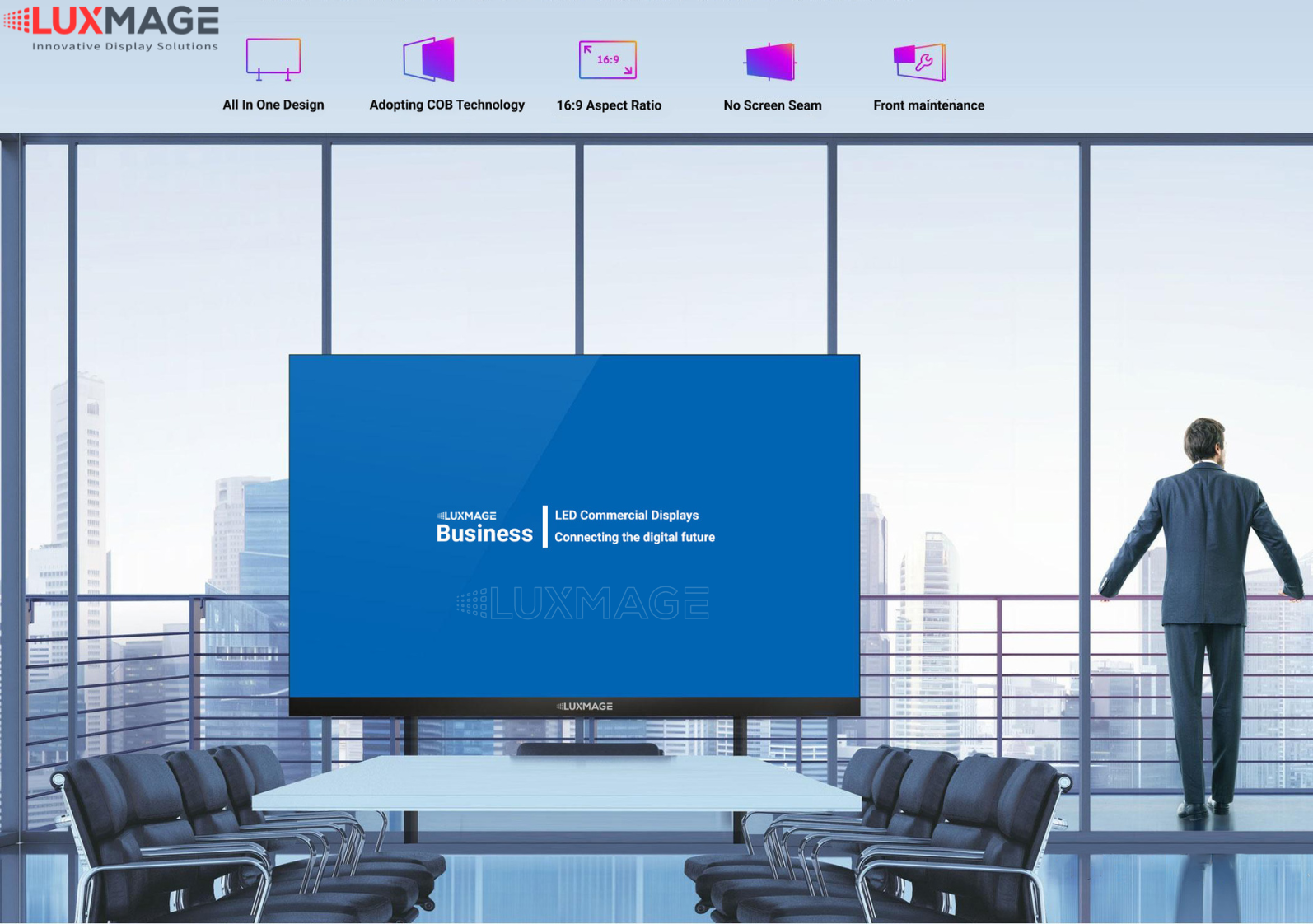 Luxmage meeting room LED screen uses COB technology, saves electricity, realistic images, smart management. Professional installation, transparent quotation.