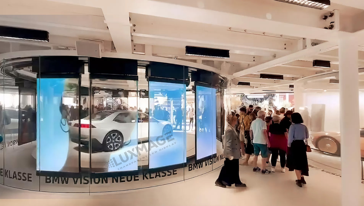 Transparent LED poster screen clearly displays the projected content