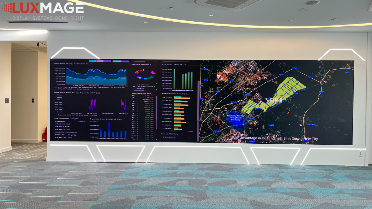 A panoramic view of the P1.53 COB LED screen (W6400 x H1760) installed in the lobby of the VSIP office building in District 1.