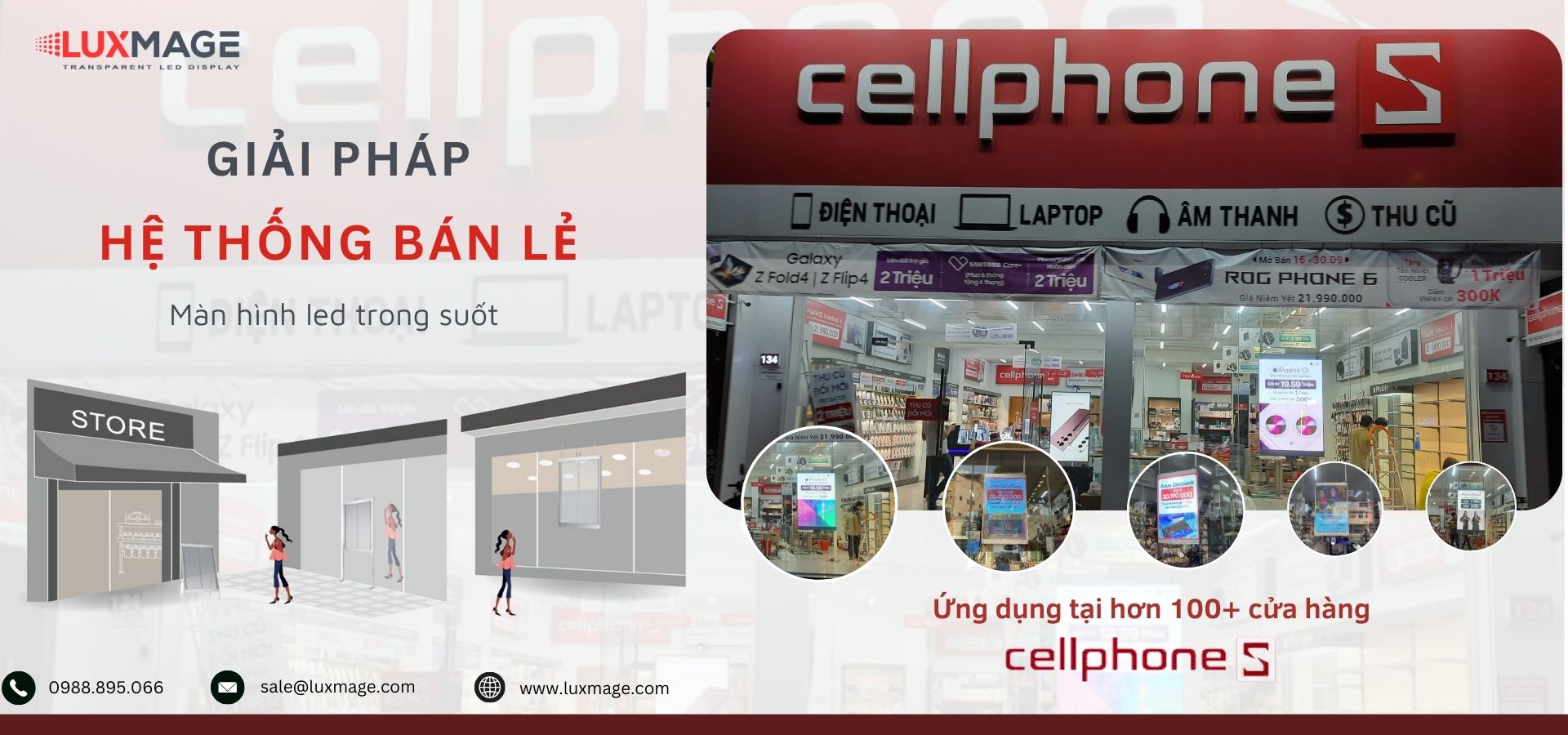 Luxmage transparent LED poster screen installed at retail store facade