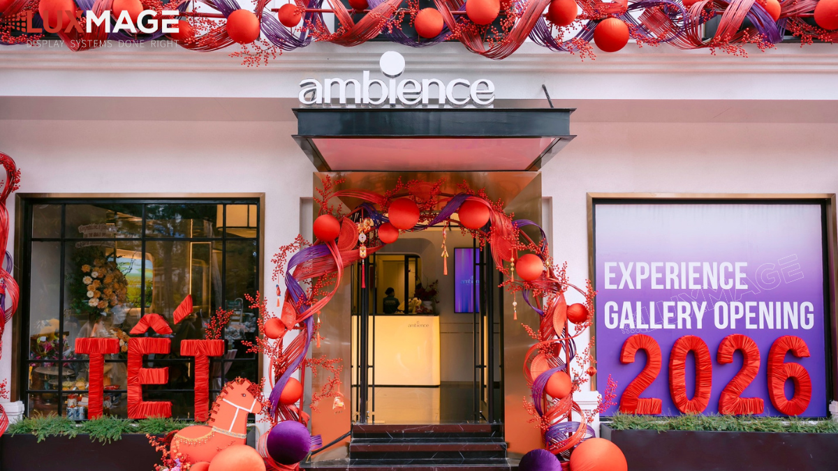 The view from inside the showroom is captured through the transparent LED screen. Natural light still floods the space, and the view is unobstructed.